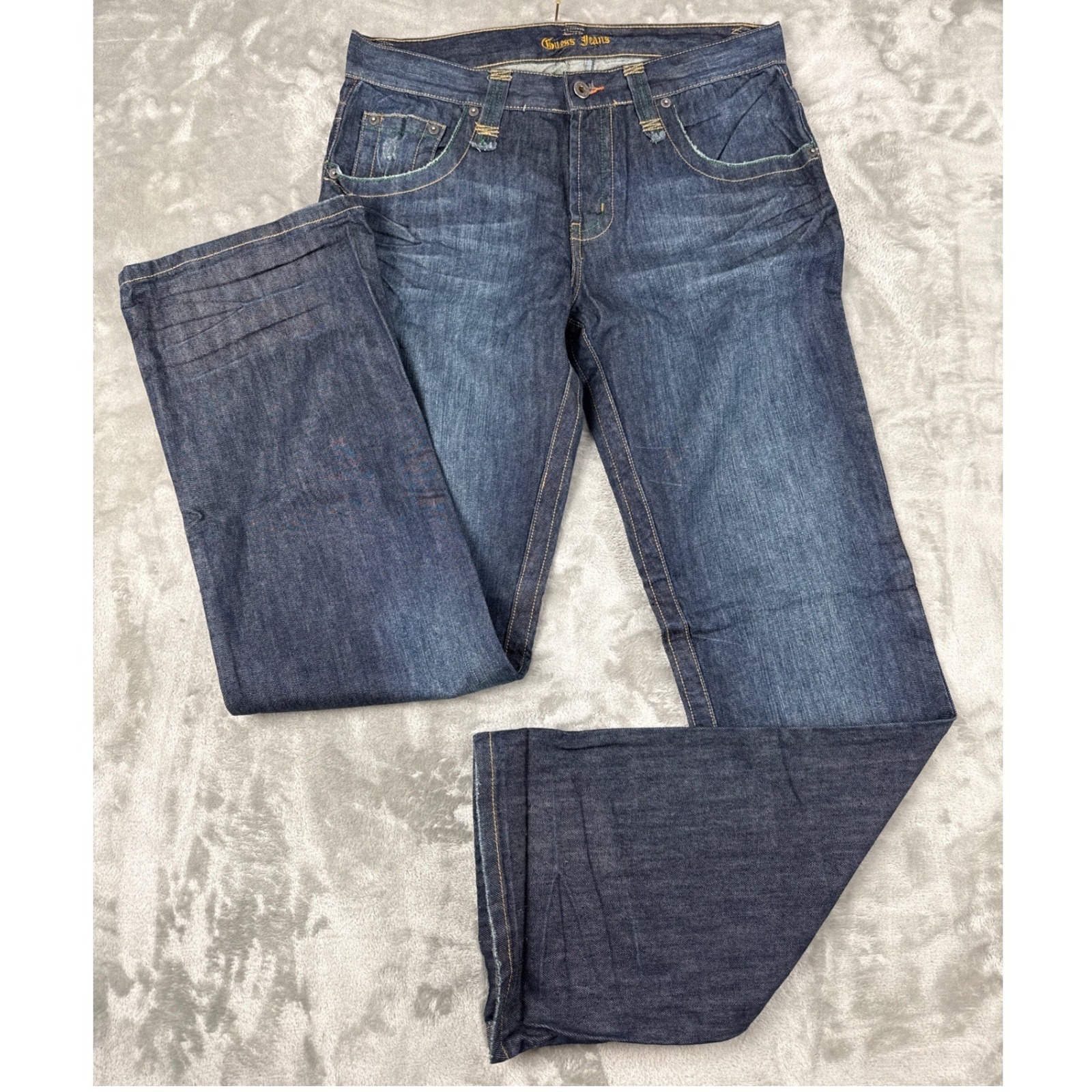 Guess Jeans Mens 31 Dark Wash Straight Leg Button Fly Contrast Stitch X837t103